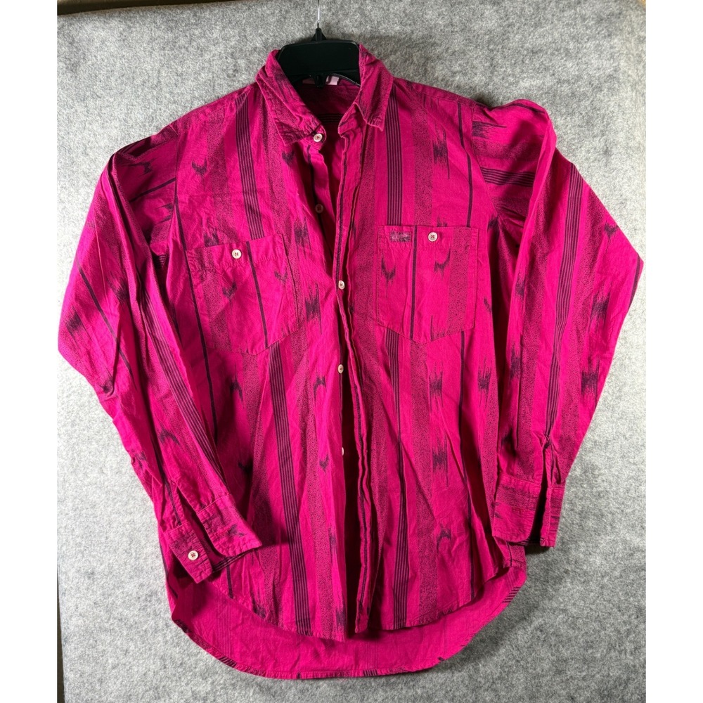 Vintage Guess by Georges Marciano Pink Black ikat Stripe Button Down Shirt S 80s